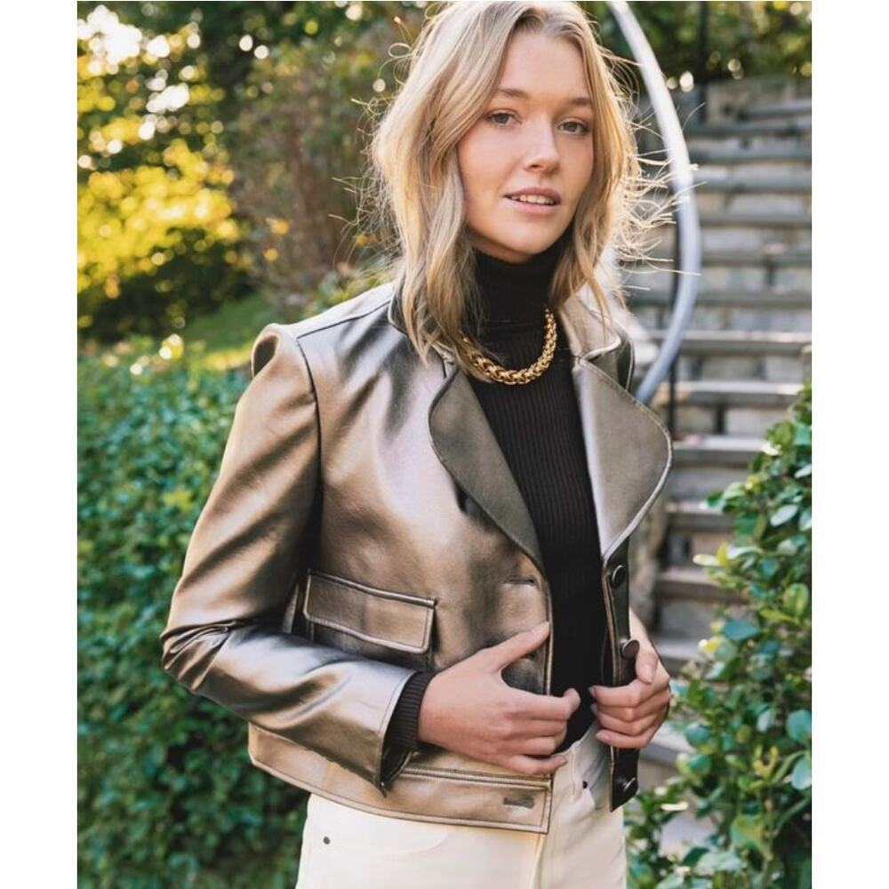 Metallic Leather Cropped Jacket - Gold - Picture 14 of 16